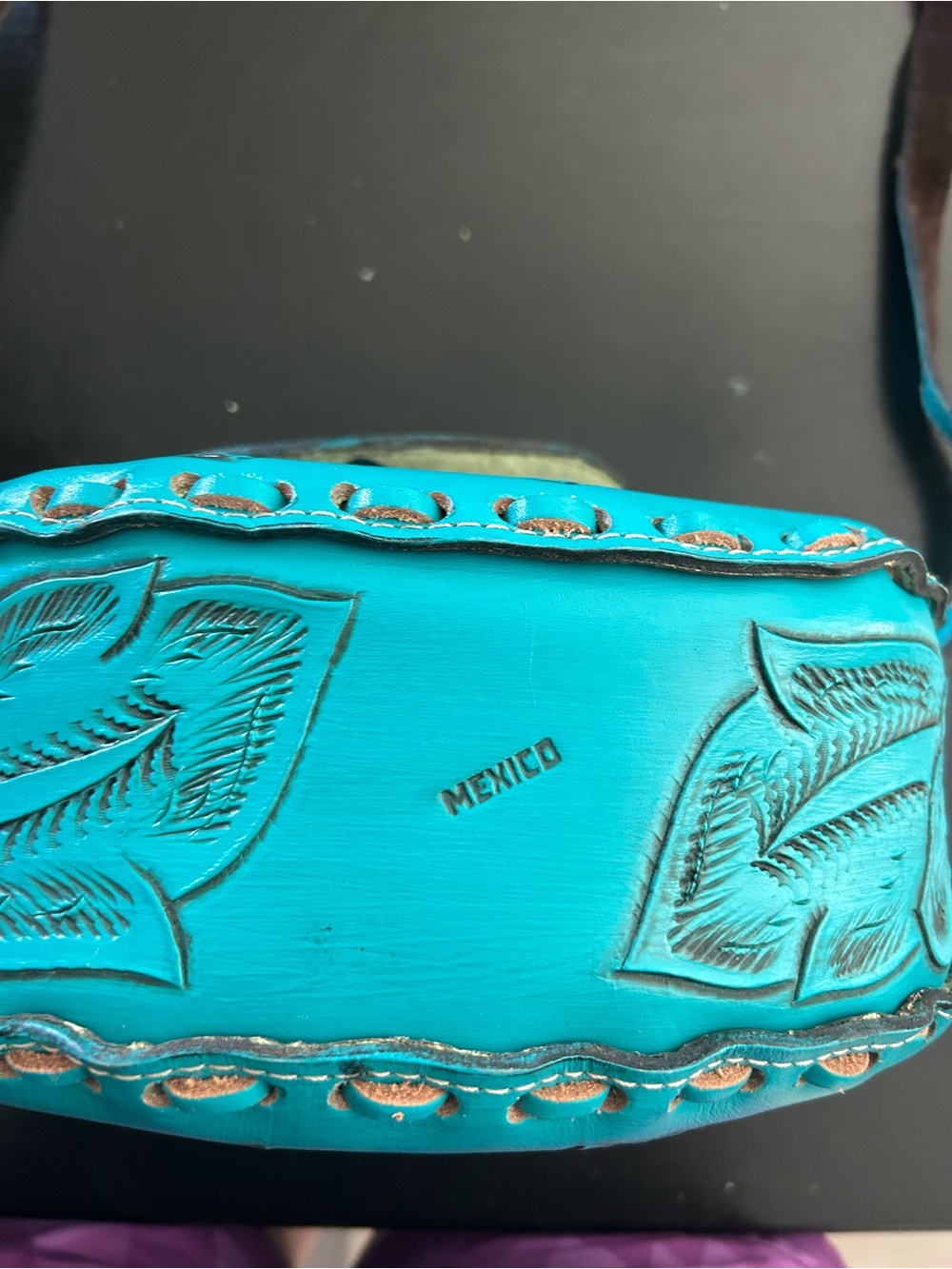 Handcrafted Turquoise Floral Tooled Leather Crossbody Bag - Picture 6 of 6